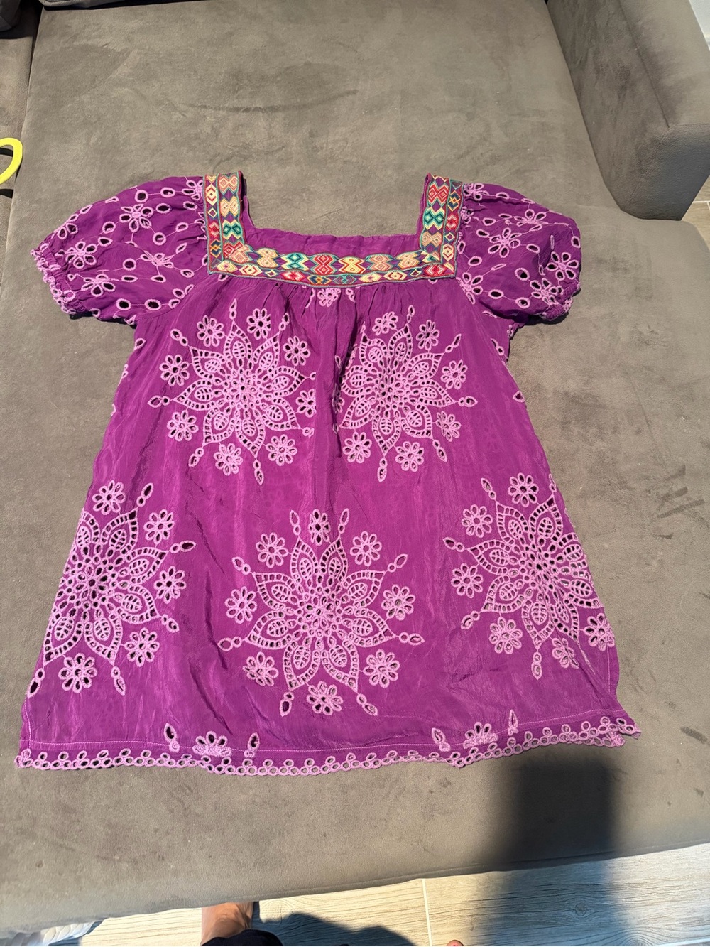 Johnny Was Purple Embroidered Peasant Blouse with Multicolor Trim small